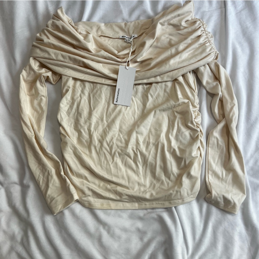 Reformation Florentina Knit Top Horchata Cream Off-Shoulder Long Sleeve Top